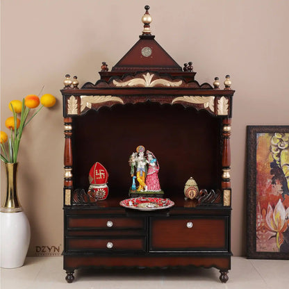 Sacred Home Large Floor Rested Pooja Mandir without Door (Brown Gold) lifestyle view