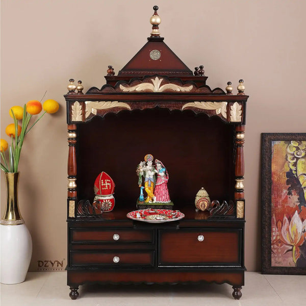 Sacred Home Large Floor Rested Pooja Mandir without Door (Brown Gold) lifestyle view
