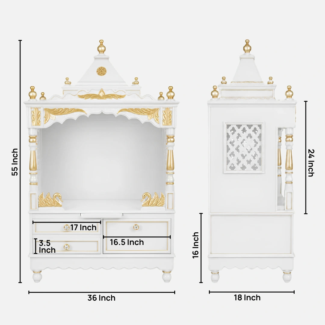 Sacred Home Large Floor Rested Pooja Mandir without Door (White Gold) Dimensions