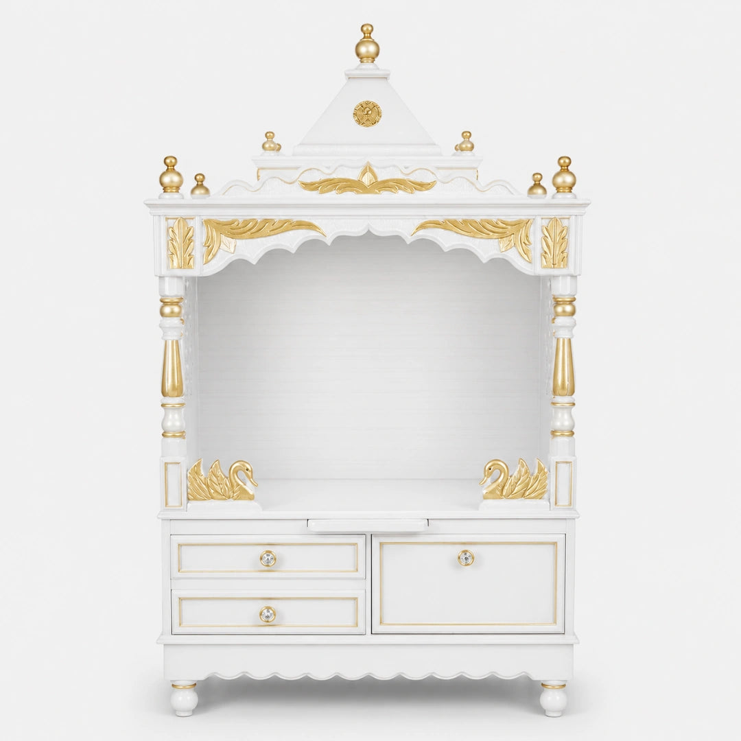 Sacred Home Large Floor Rested Pooja Mandir without Door (White Gold) Front View