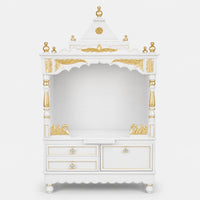 Sacred Home Large Floor Rested Pooja Mandir without Door (White Gold) Front View