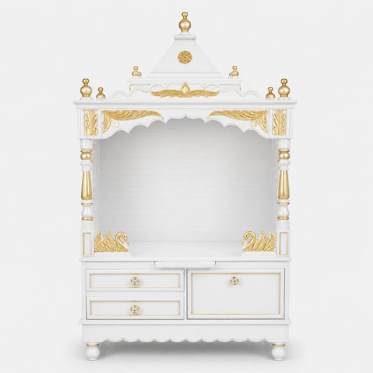 Sacred Home Large Floor Rested Pooja Mandir without Door (White Gold) Front View