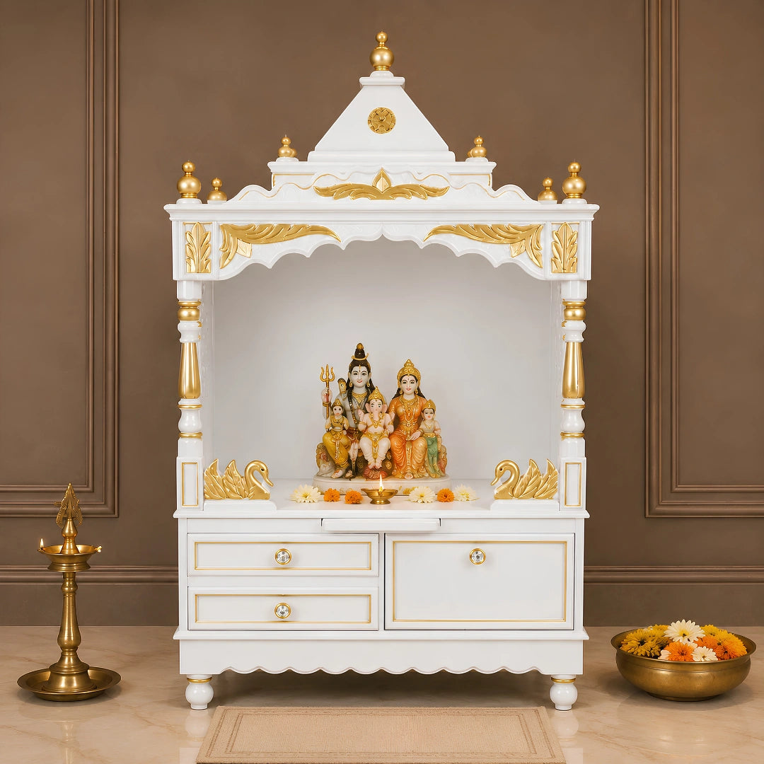 Sacred Home Large Floor Rested Pooja Mandir without Door (White Gold) Lifestyle View