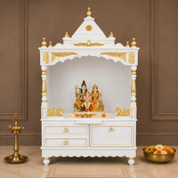 Sacred Home Large Floor Rested Pooja Mandir without Door (White Gold) Lifestyle View