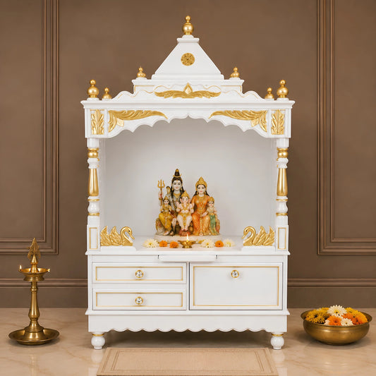 Sacred Home Large Floor Rested Pooja Mandir without Door (White Gold) Lifestyle View