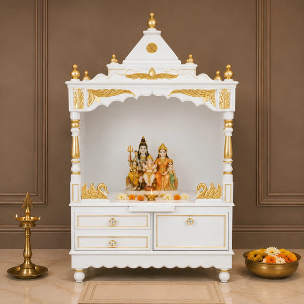 Sacred Home Large Floor Rested Pooja Mandir without Door (White Gold) Lifestyle View