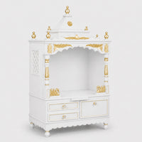 Sacred Home Large Floor Rested Pooja Mandir without Door (White Gold) Side View
