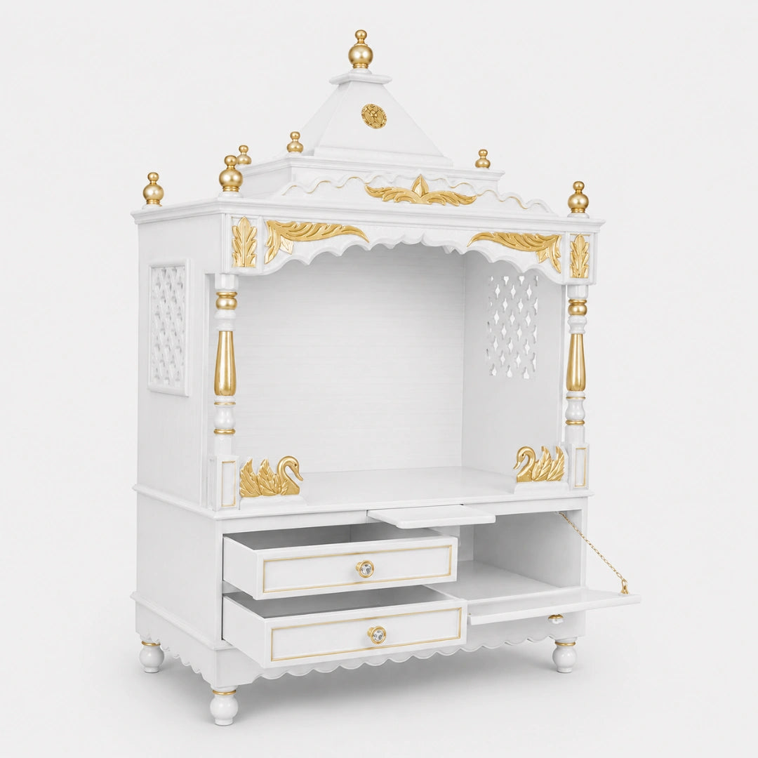 Sacred Home Large Floor Rested Pooja Mandir without Door (White Gold) Side View Open Drawers
