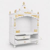 Sacred Home Large Floor Rested Pooja Mandir without Door (White Gold) Side View Open Drawers