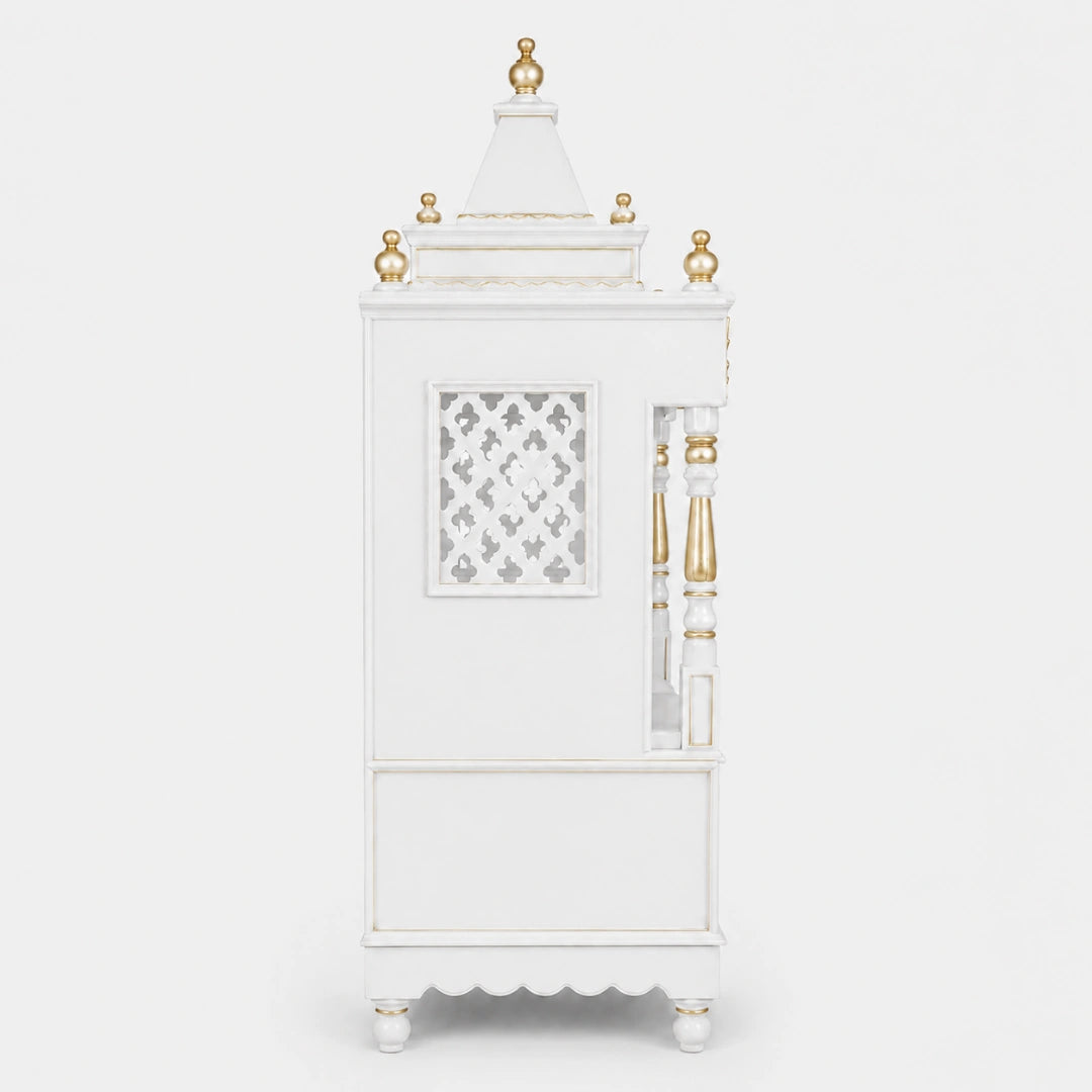 Sacred Home Large Floor Rested Pooja Mandir without Door (White Gold) Side Angle