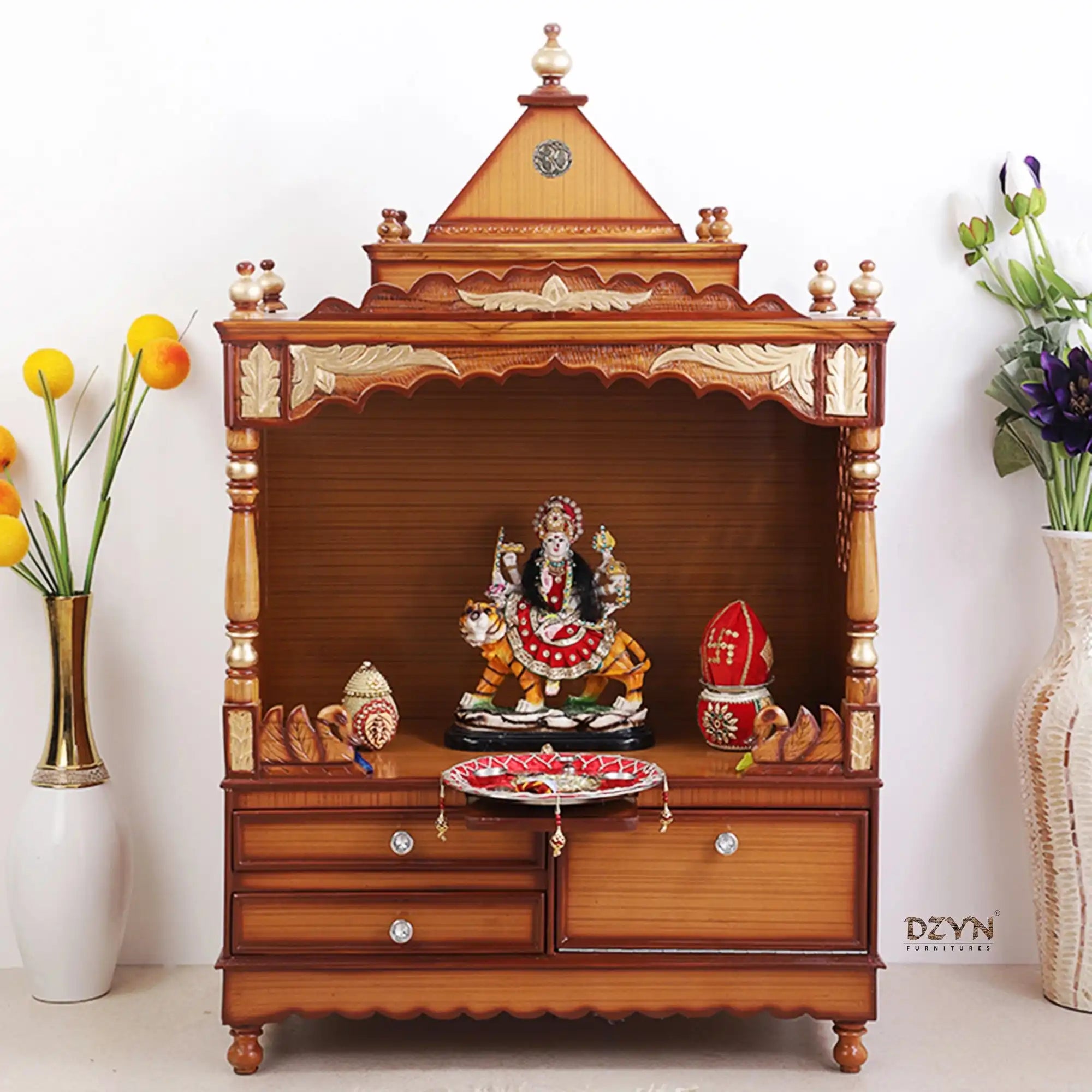 Sacred Home Large Floor Rested Pooja Mandir without Door (Teak Gold)