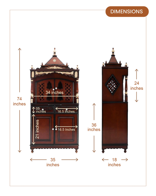 Sacred Palace Large Floor Rested Pooja Mandap with Door (Brown Gold) dimensions