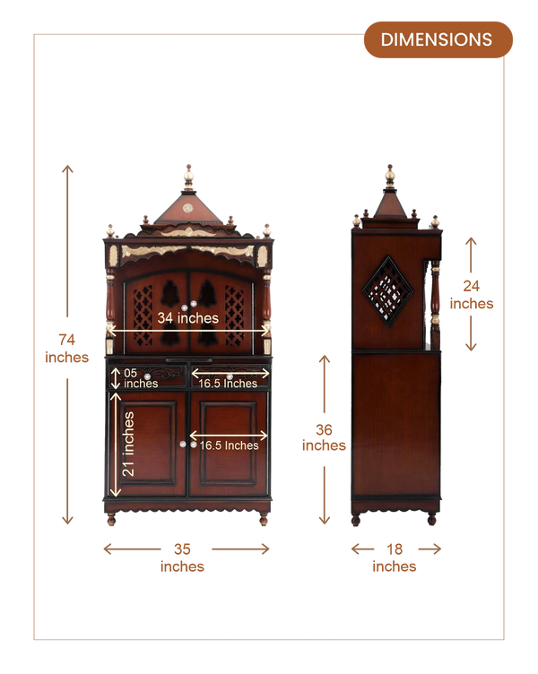 Sacred Palace Large Floor Rested Pooja Mandap with Door (Brown Gold) dimensions