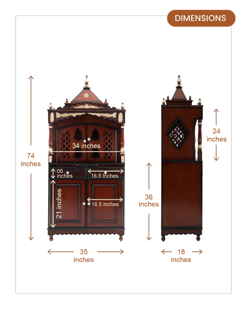 Sacred Palace Large Floor Rested Pooja Mandap with Door (Brown Gold) dimensions