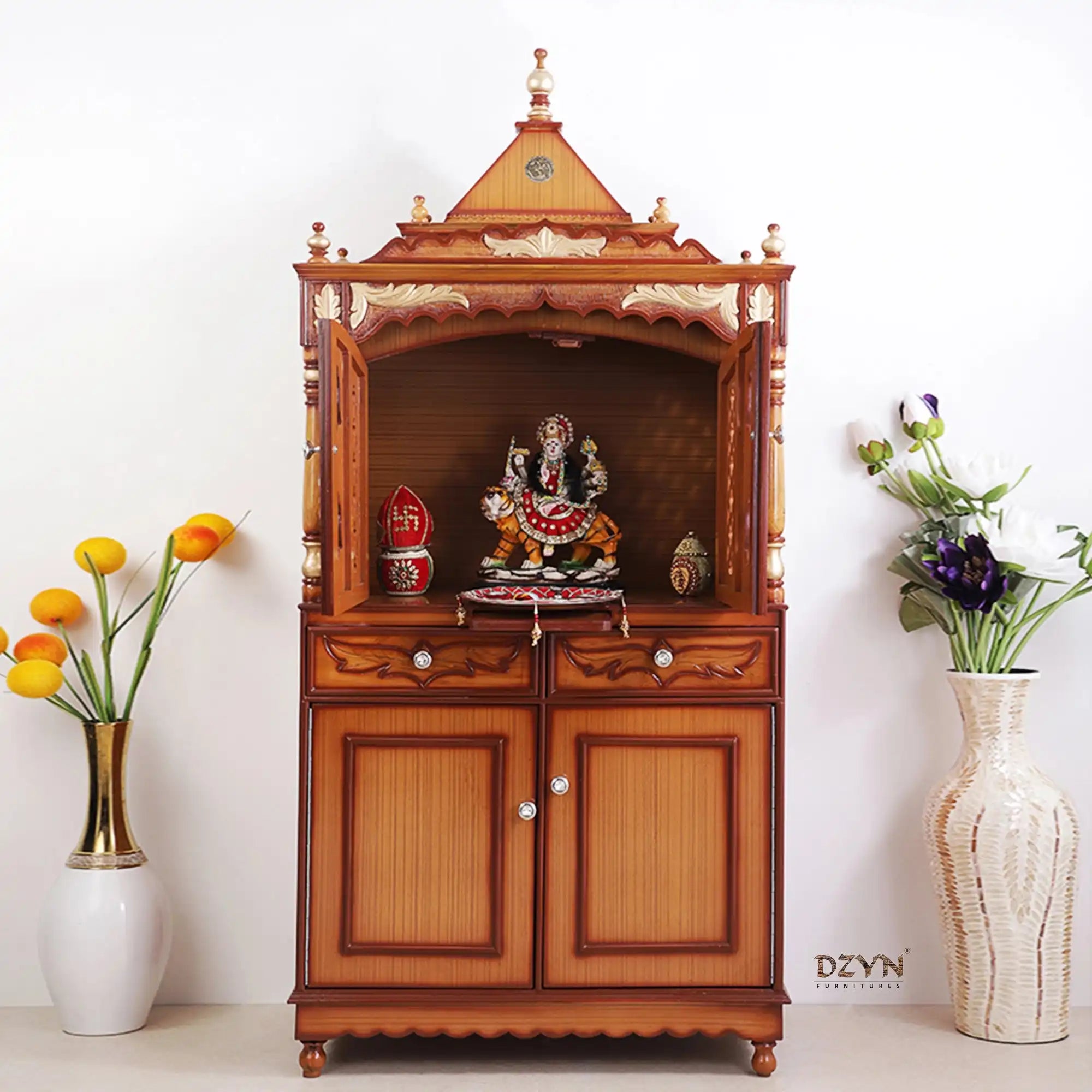 Sacred Palace Large Floor Rested Pooja Mandap with Door (Teak Gold) Lifestyle view