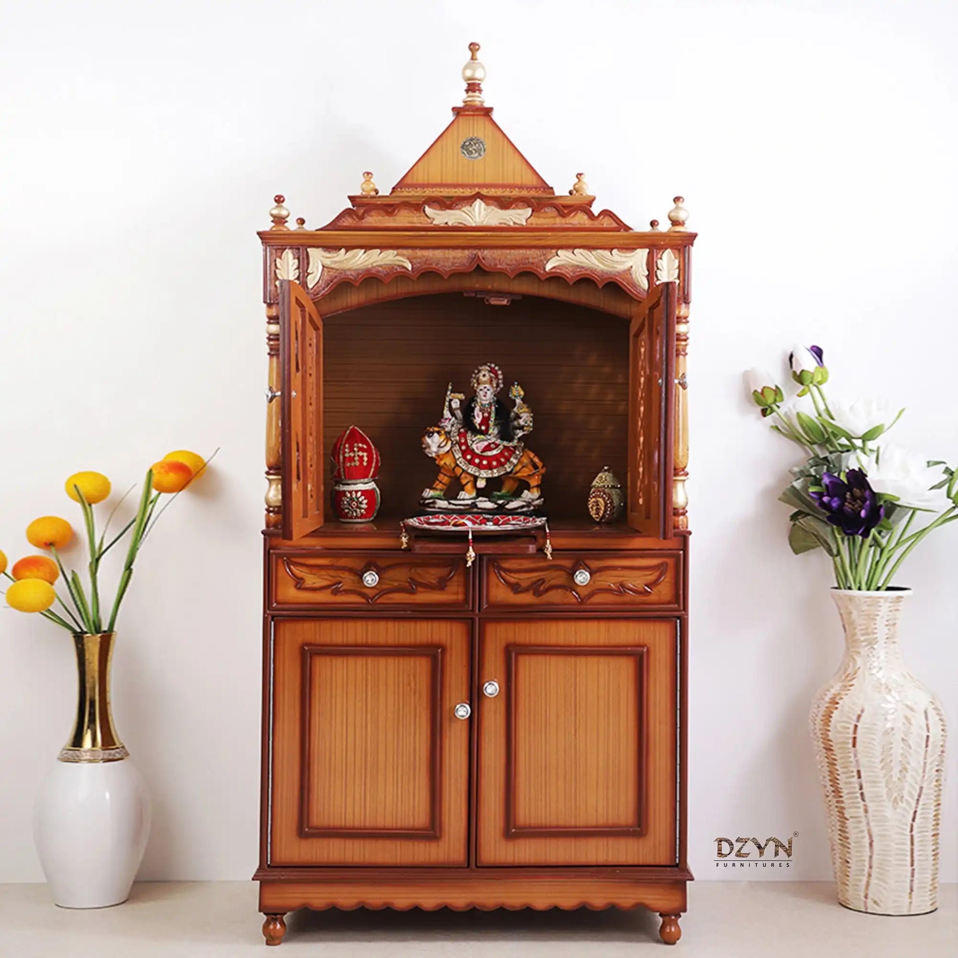 Sacred Palace Large Floor Rested Pooja Mandap with Door (Teak Gold) Lifestyle view