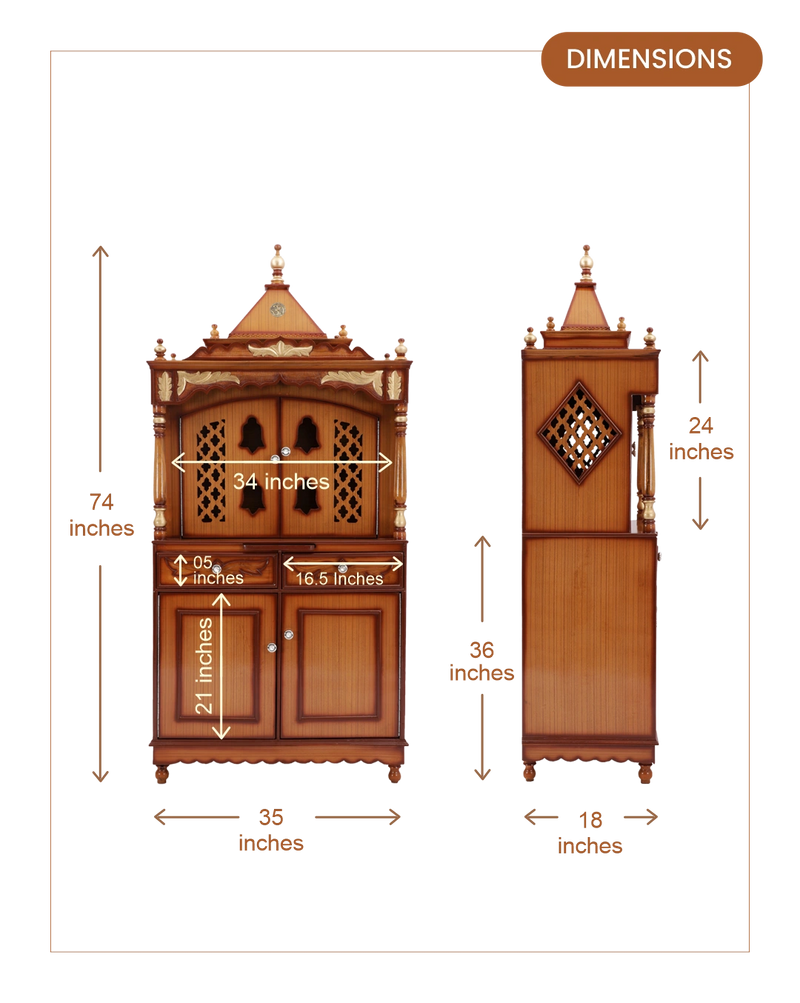 Sacred Palace Large Floor Rested Pooja Mandap with Door (Teak Gold) dimensions