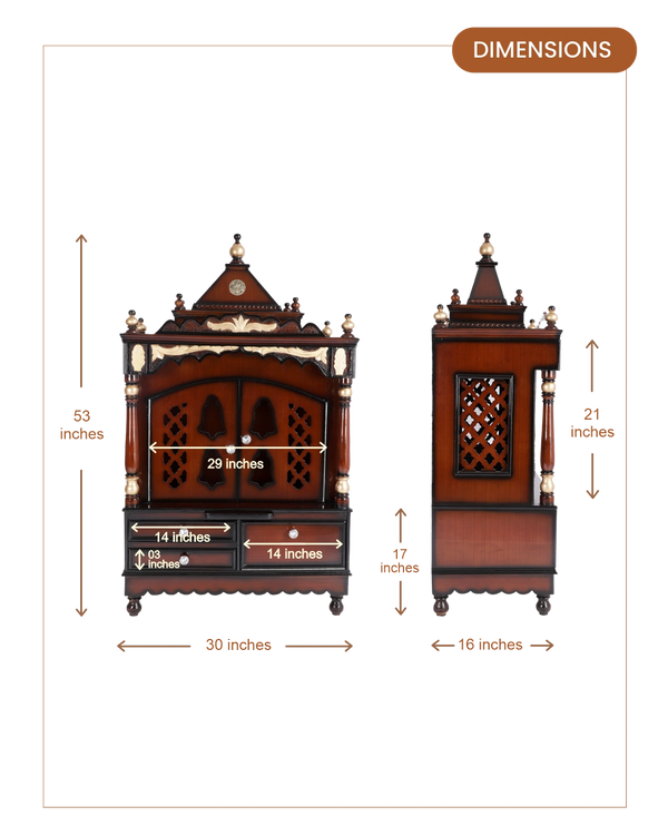 Sacred Space Large Floor Rested Pooja Mandir with Door (Brown Gold) dimensions