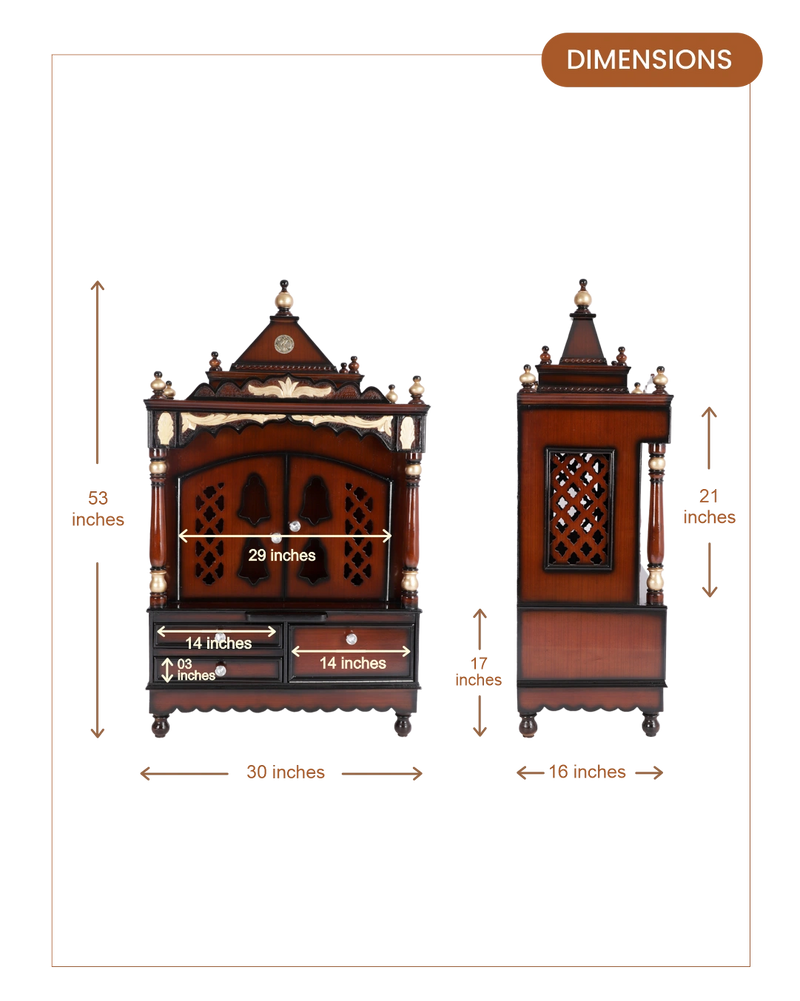 Sacred Space Large Floor Rested Pooja Mandir with Door (Brown Gold) dimensions