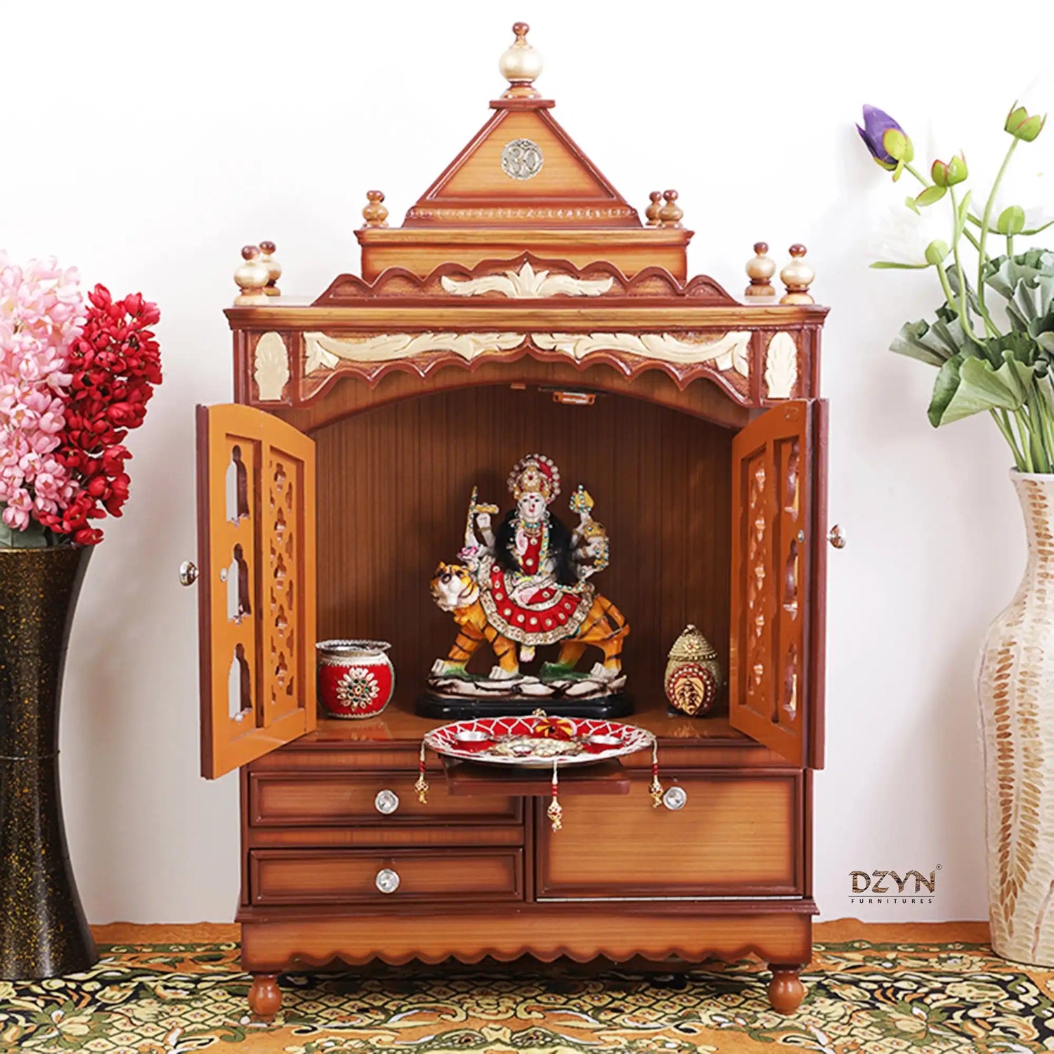 Sacred Space Large Floor Rested Pooja Mandir with Door (Teak Gold) Lifestyle view