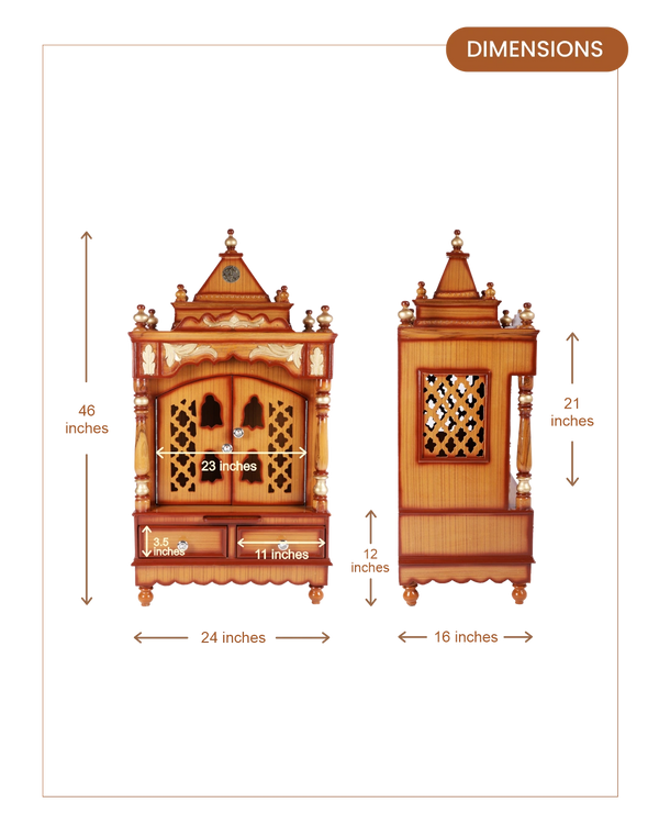 Sacred Space Large Floor Rested Pooja Mandir with Door (Teak Gold) dimesnions