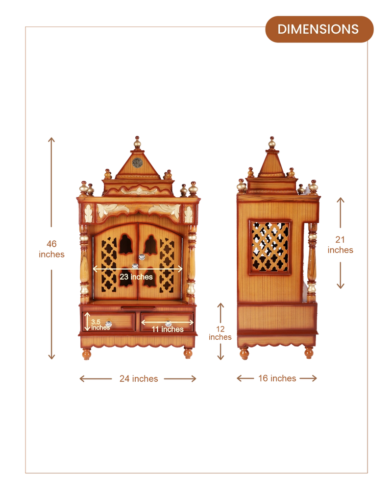 Sacred Space Large Floor Rested Pooja Mandir with Door (Teak Gold) dimesnions