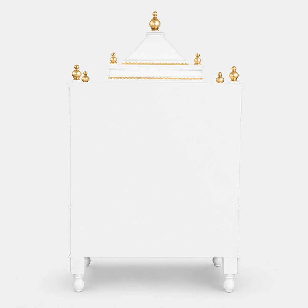 Sacred Space Large Floor Rested Pooja Mandir with Door (White Gold) Back View