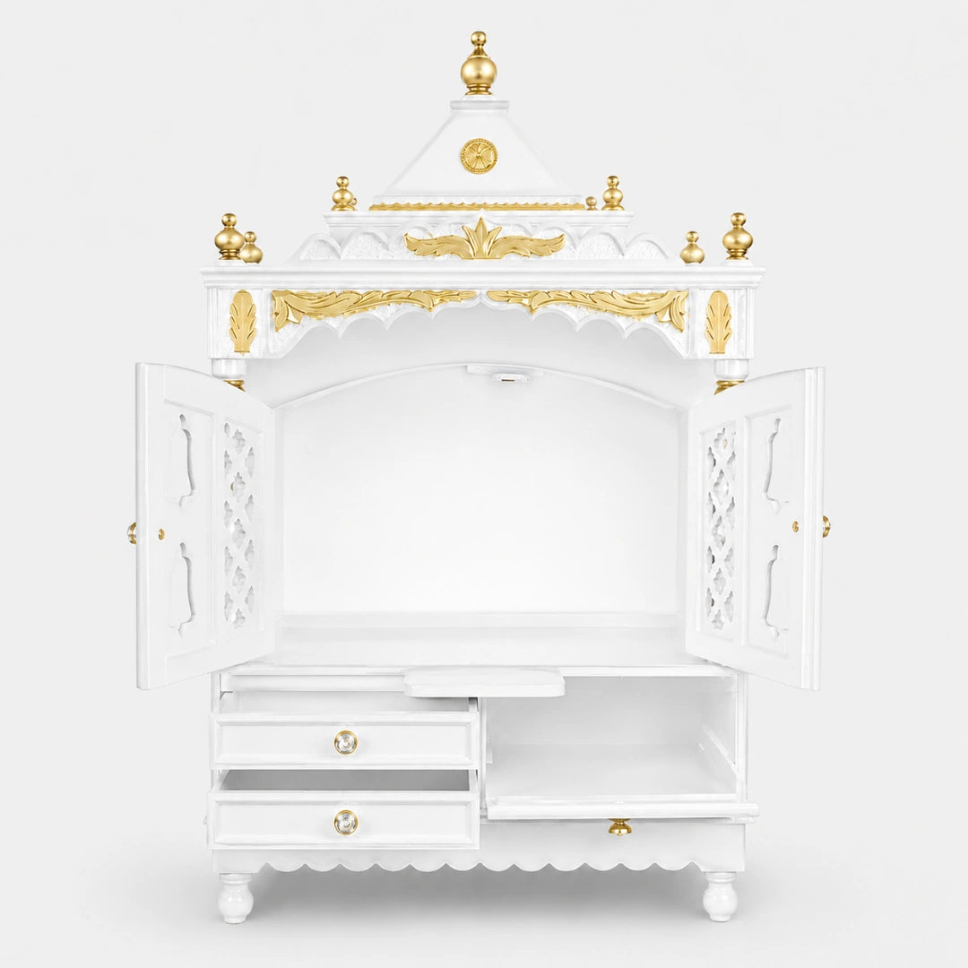 Sacred Space Large Floor Rested Pooja Mandir with Door (White Gold) Front View Open Drawers