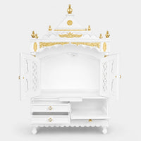 Sacred Space Large Floor Rested Pooja Mandir with Door (White Gold) Front View Open Drawers