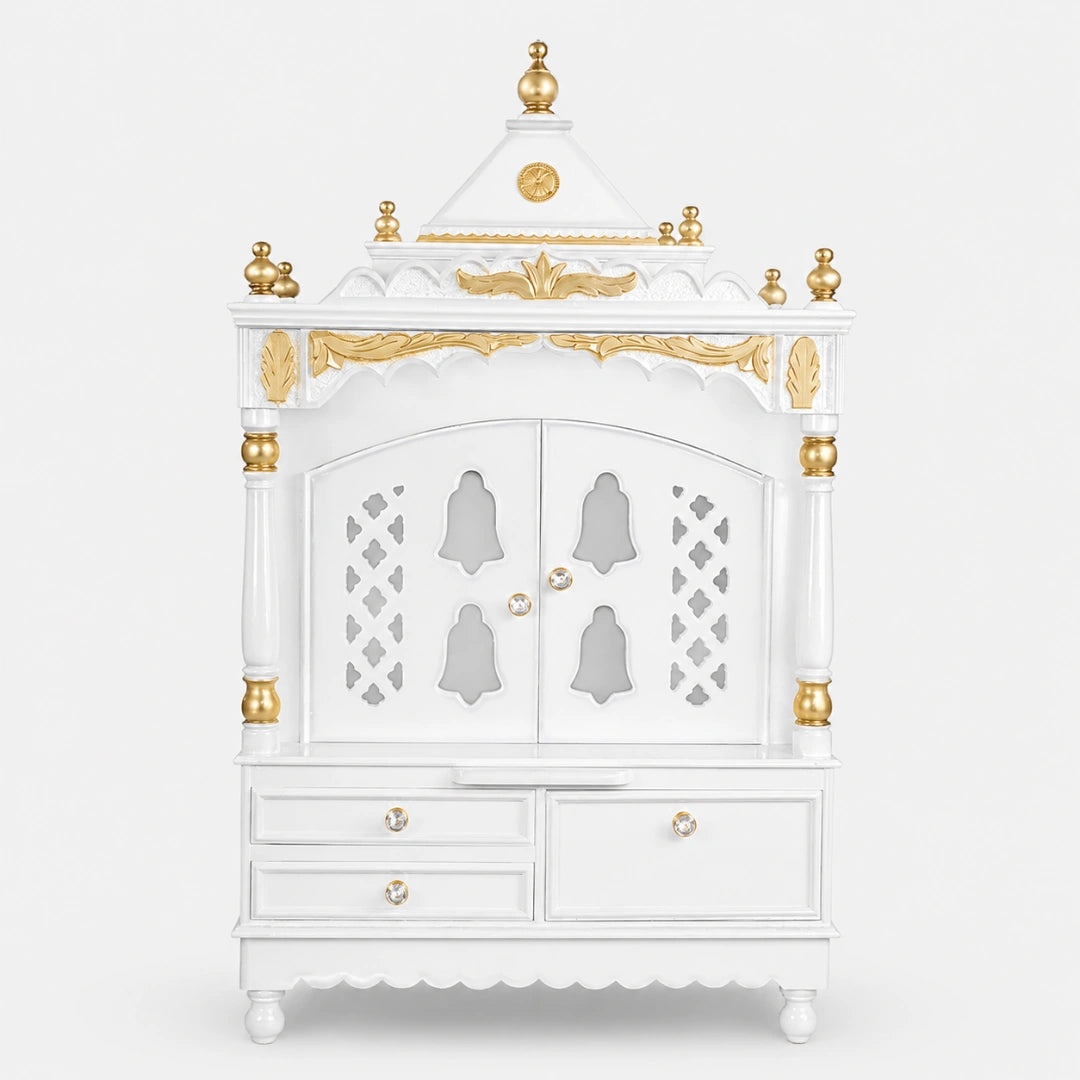 Sacred Space Large Floor Rested Pooja Mandir with Door (White Gold) Front View