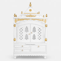 Sacred Space Large Floor Rested Pooja Mandir with Door (White Gold) Front View