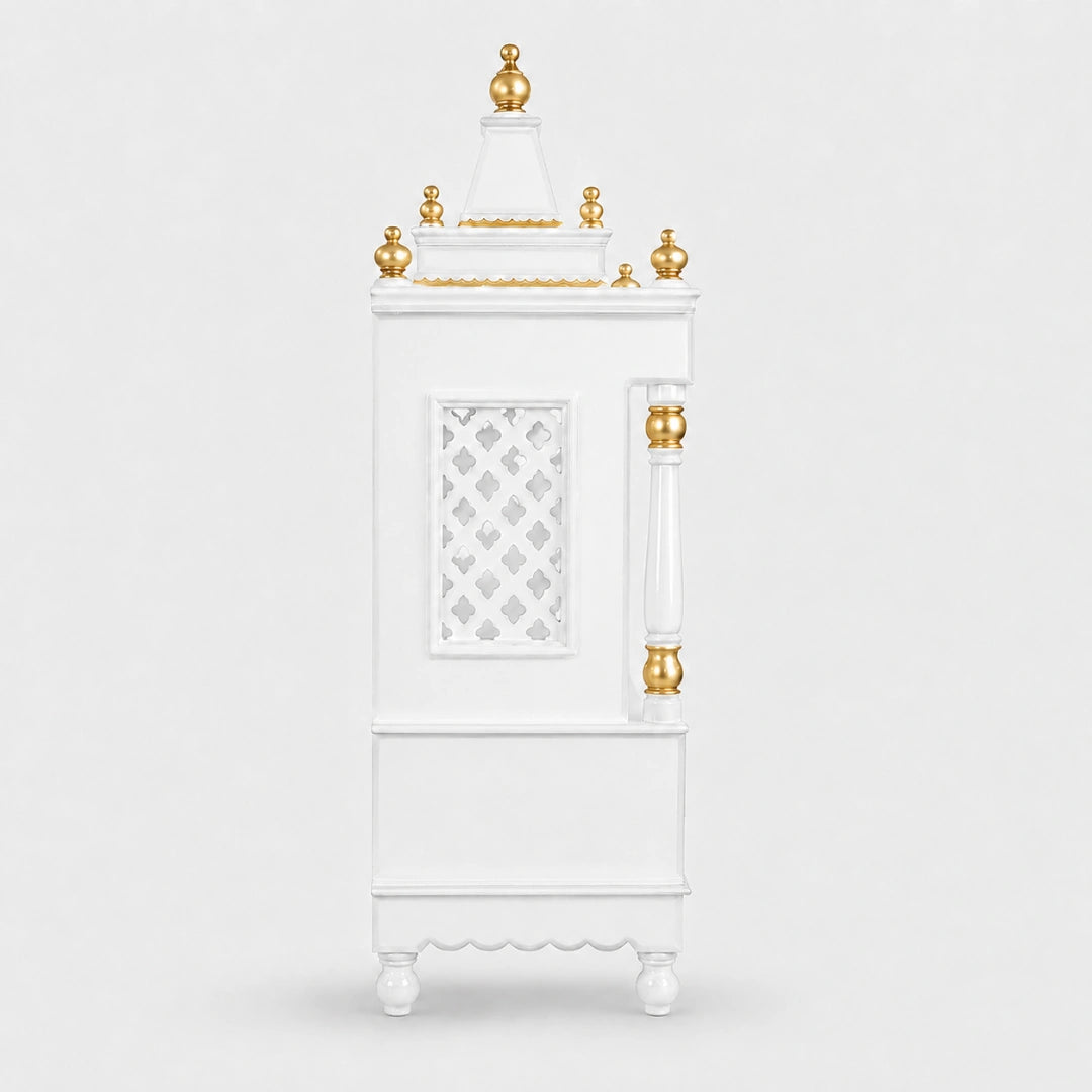 Sacred Space Large Floor Rested Pooja Mandir with Door (White Gold) Side Angle