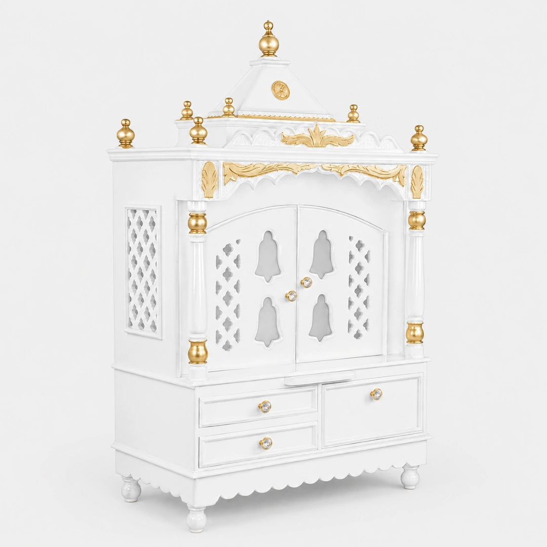 Sacred Space Large Floor Rested Pooja Mandir with Door (White Gold) Side View