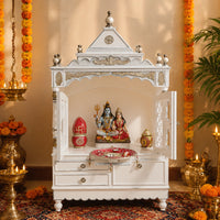 Sacred Space Large Floor Rested Pooja Mandir with Door (White Gold) lifestyle view