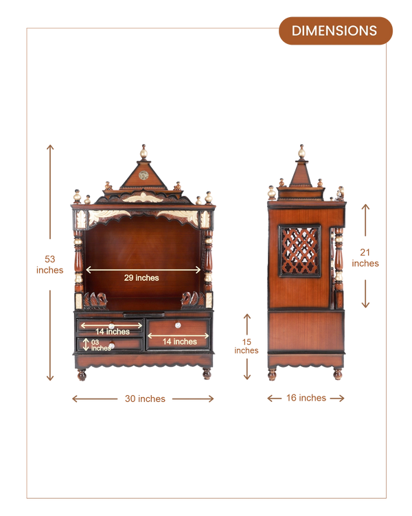Sacred Space Large Floor Rested Pooja Mandir without Door (Brown Gold) dimensions
