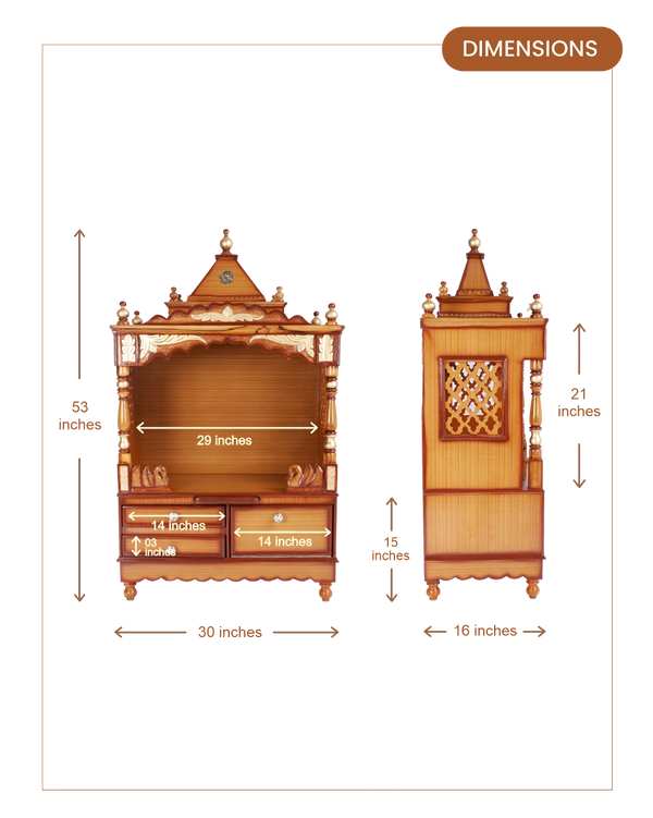 Sacred Space Large Floor Rested Pooja Mandir without Door (Teak Gold) dimensions
