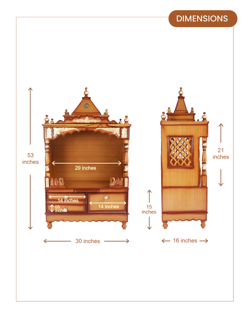 Sacred Space Large Floor Rested Pooja Mandir without Door (Teak Gold) dimensions