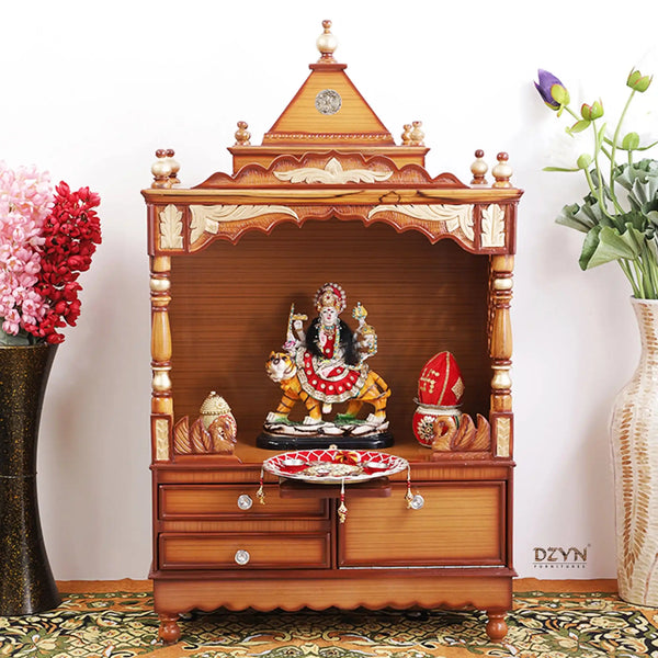 Sacred Space Large Floor Rested Pooja Mandir without Door (Teak Gold) lifestyle view