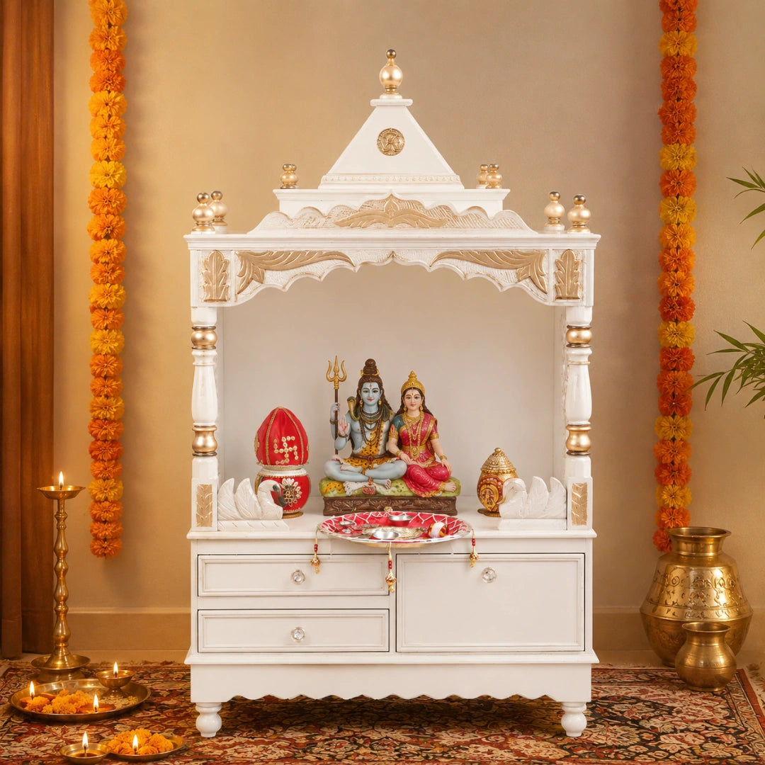 Sacred Space Large Floor Rested Pooja Mandir without Door (White Gold) lifetyle view 
