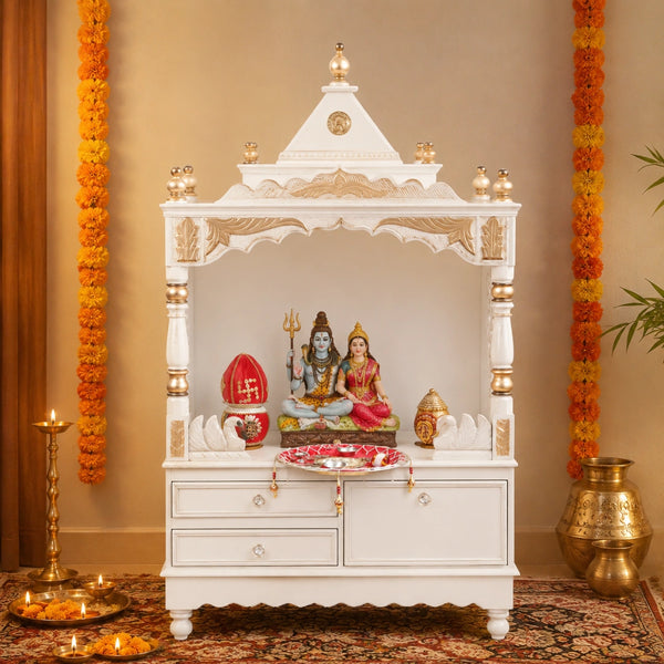 Sacred Space Large Floor Rested Pooja Mandir without Door (White Gold) lifetyle view 