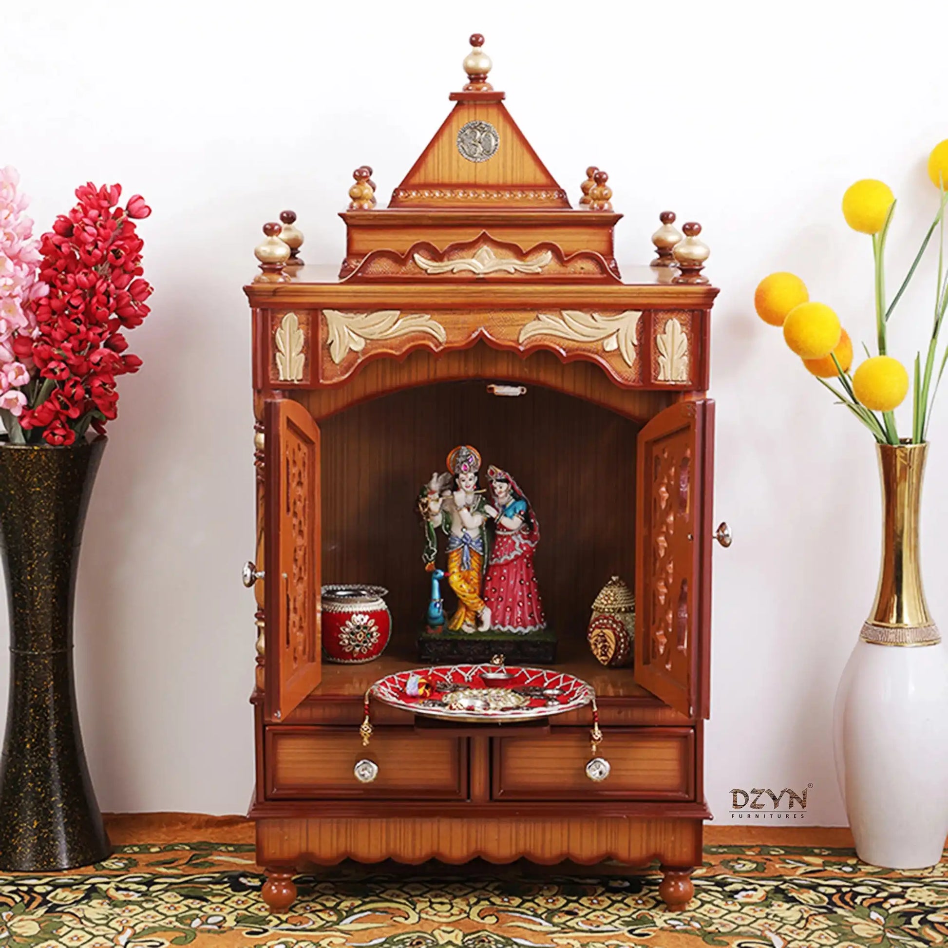 Sacred Space Medium Floor Rested Pooja Mandir With Door (Teak Gold) lifestyle view