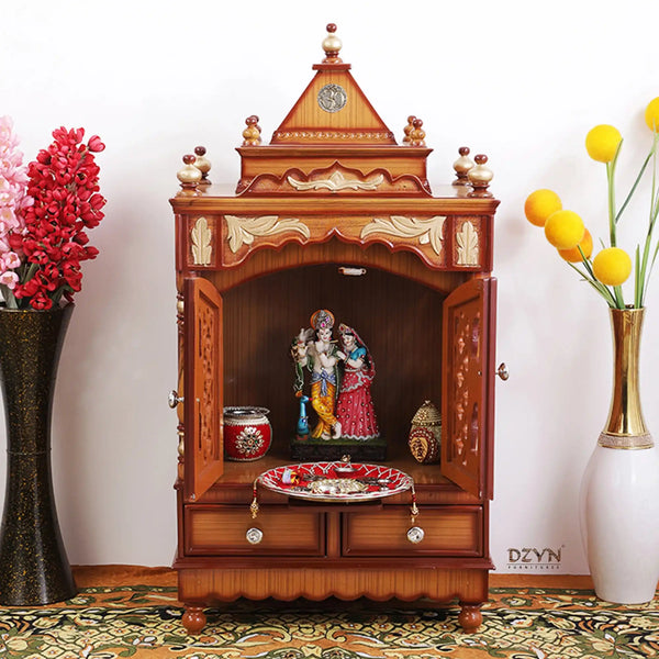 Sacred Space Medium Floor Rested Pooja Mandir With Door (Teak Gold) lifestyle view