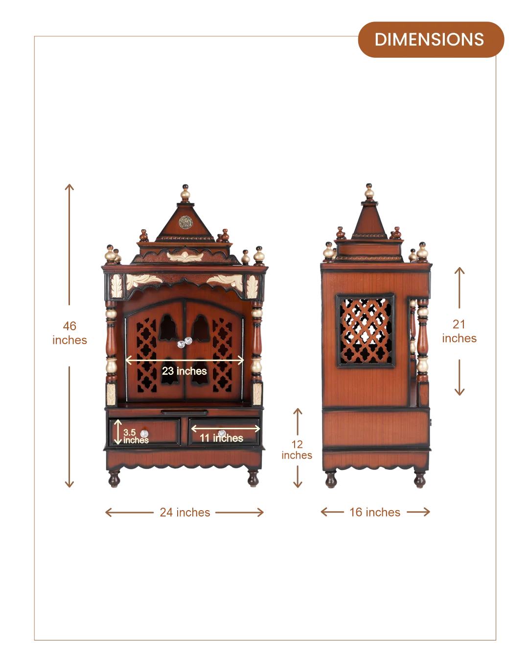 Sacred Space Medium Floor Rested Pooja Mandir with Door (Brown Gold) dimensions