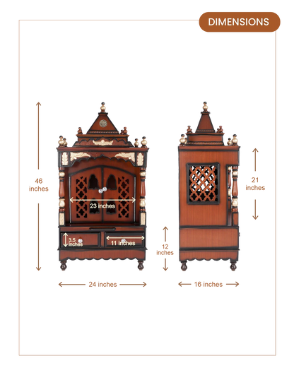 Sacred Space Medium Floor Rested Pooja Mandir with Door (Brown Gold) dimensions