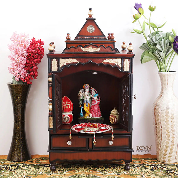 Sacred Space Medium Floor Rested Pooja Mandir with Door (Brown Gold) front view