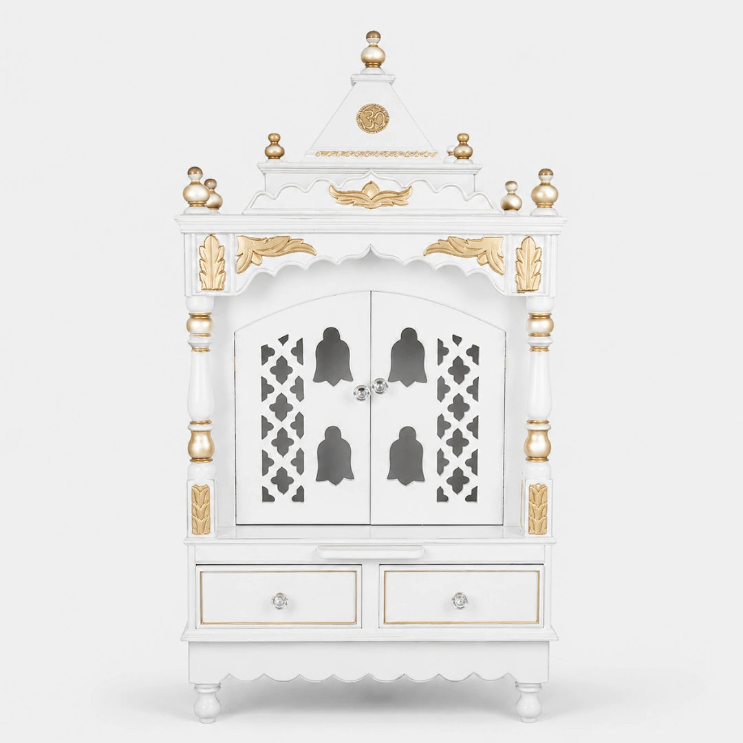 Sacred Space Medium Floor Rested Pooja Mandir with Door (White Gold) Front View
