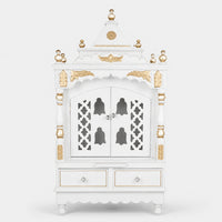 Sacred Space Medium Floor Rested Pooja Mandir with Door (White Gold) Front View