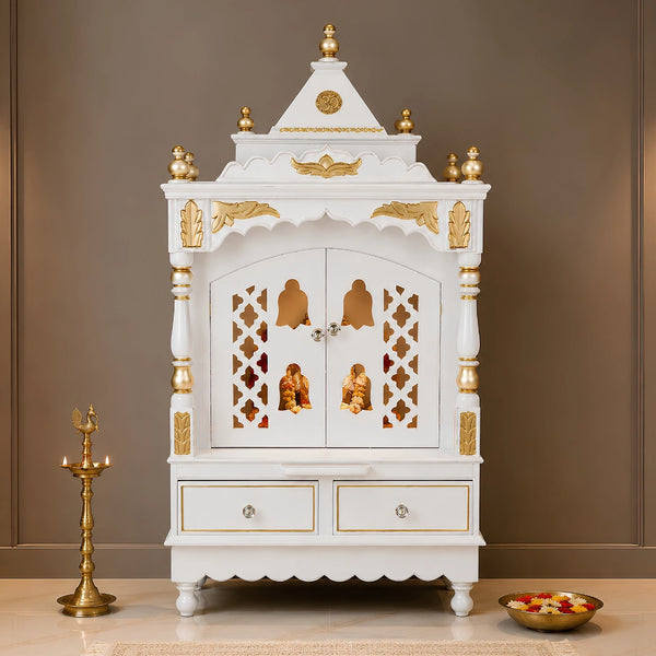 Sacred Space Medium Floor Rested Pooja Mandir with Door (White Gold) Lifestyle Image
