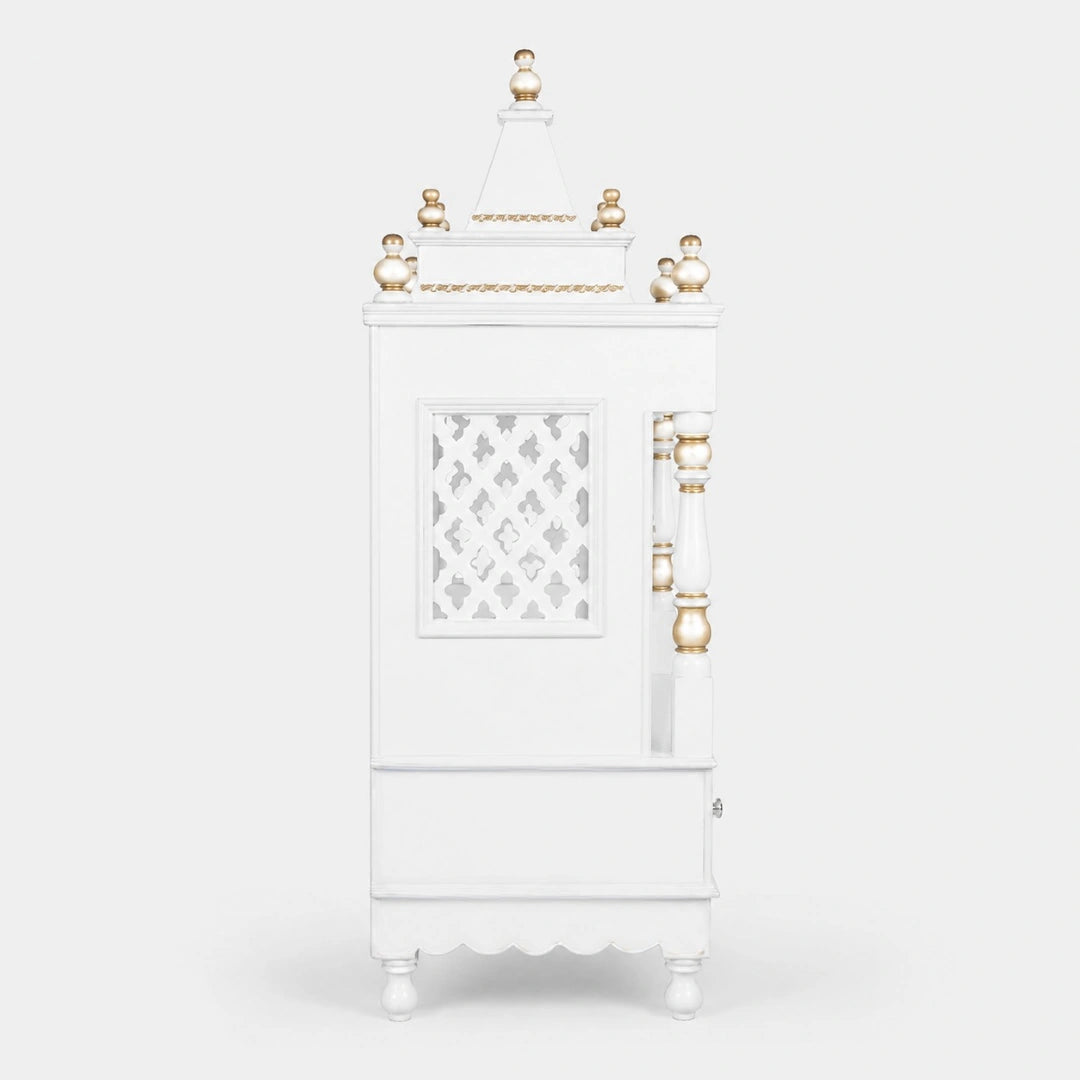 Sacred Space Medium Floor Rested Pooja Mandir with Door (White Gold) Side Angle