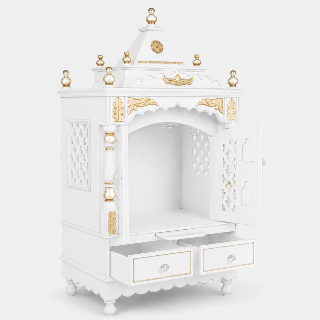 Sacred Space Medium Floor Rested Pooja Mandir with Door (White Gold) SIde view Open Drawer